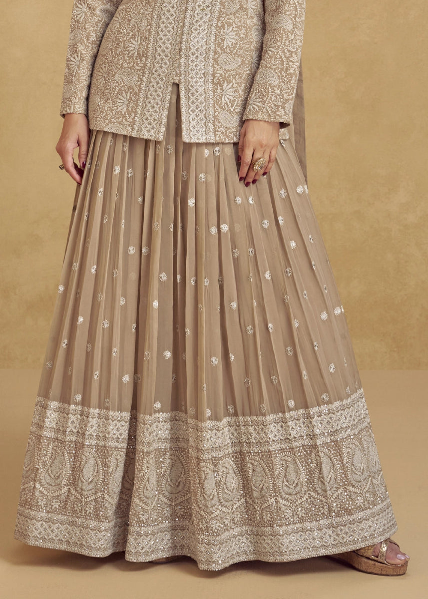 Light Brown Georgette Skirt & Jacket with Intricate Thread Embroidery - House of Sarvati LLC