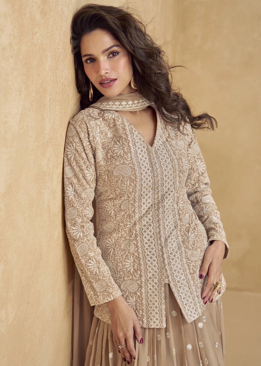 Light Brown Georgette Skirt & Jacket with Intricate Thread Embroidery - House of Sarvati LLC