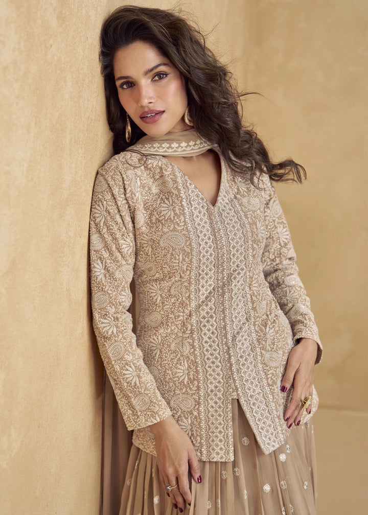 Light Brown Georgette Skirt & Jacket with Intricate Thread Embroidery - House of Sarvati LLC