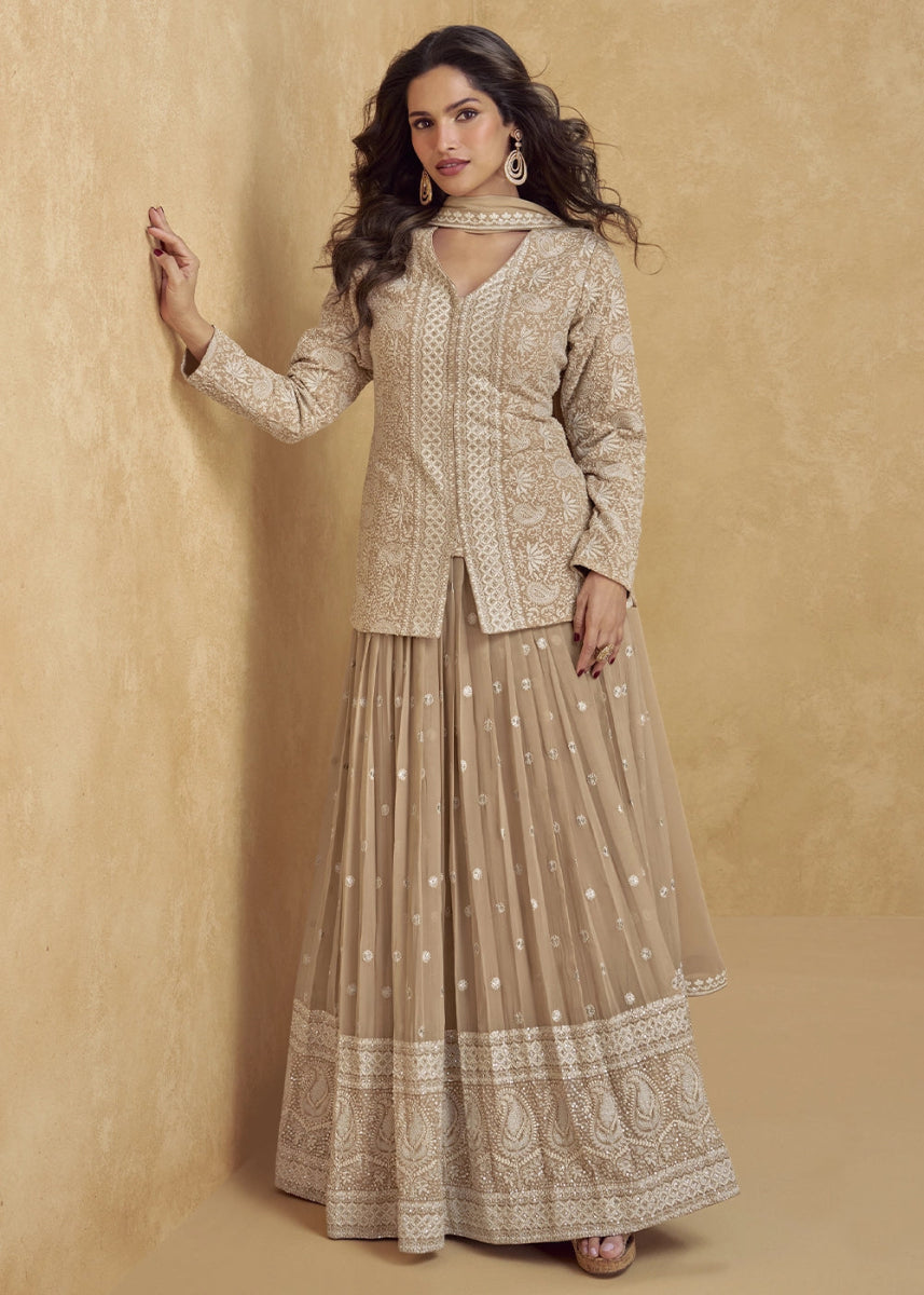 Light Brown Georgette Skirt & Jacket with Intricate Thread Embroidery - House of Sarvati LLC