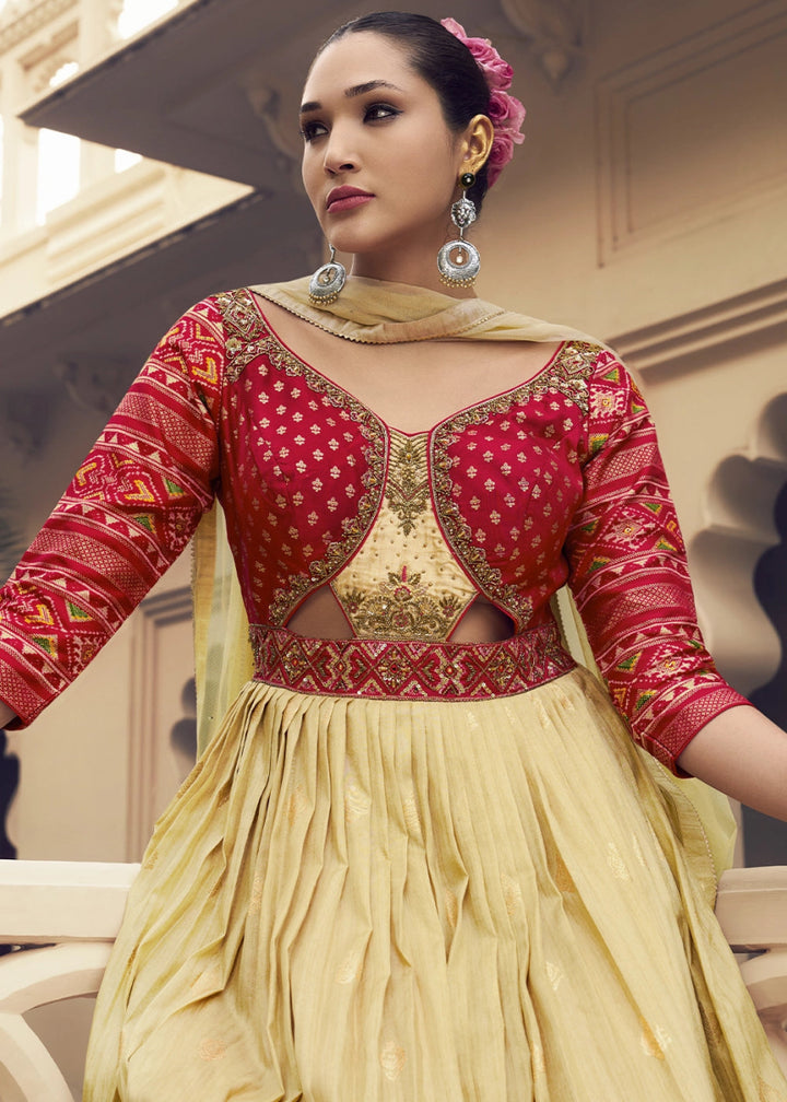 Light Brown & Red Floral Silk Anarkali Gown with Detailed Embroidery Work - House of Sarvati LLC