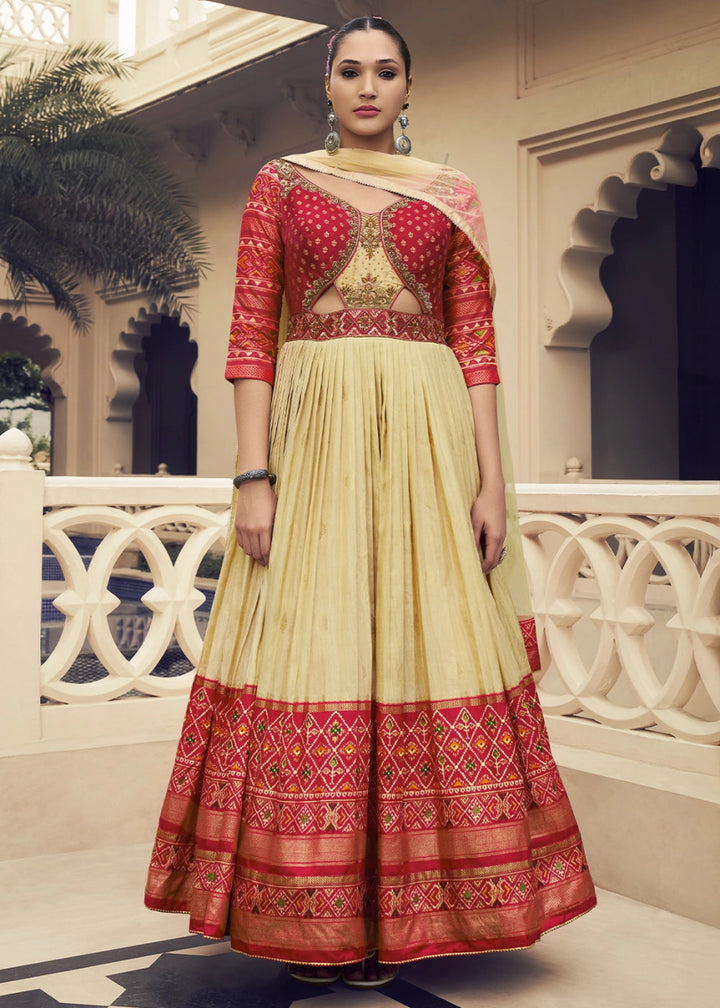 Light Brown & Red Floral Silk Anarkali Gown with Detailed Embroidery Work - House of Sarvati LLC