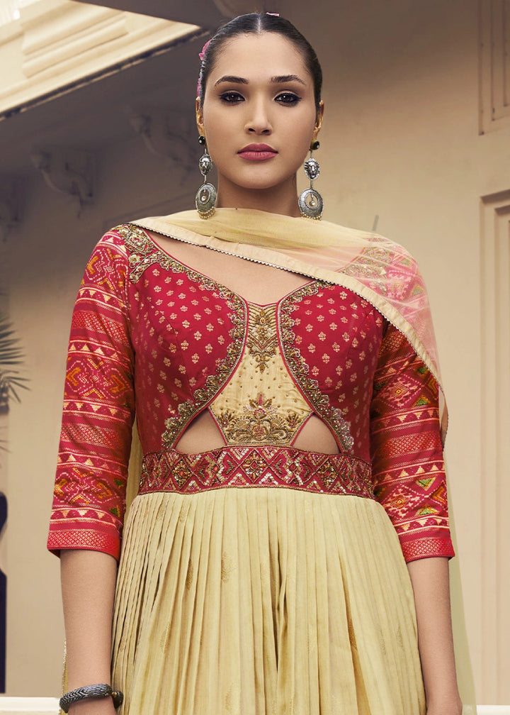 Light Brown & Red Floral Silk Anarkali Gown with Detailed Embroidery Work - House of Sarvati LLC