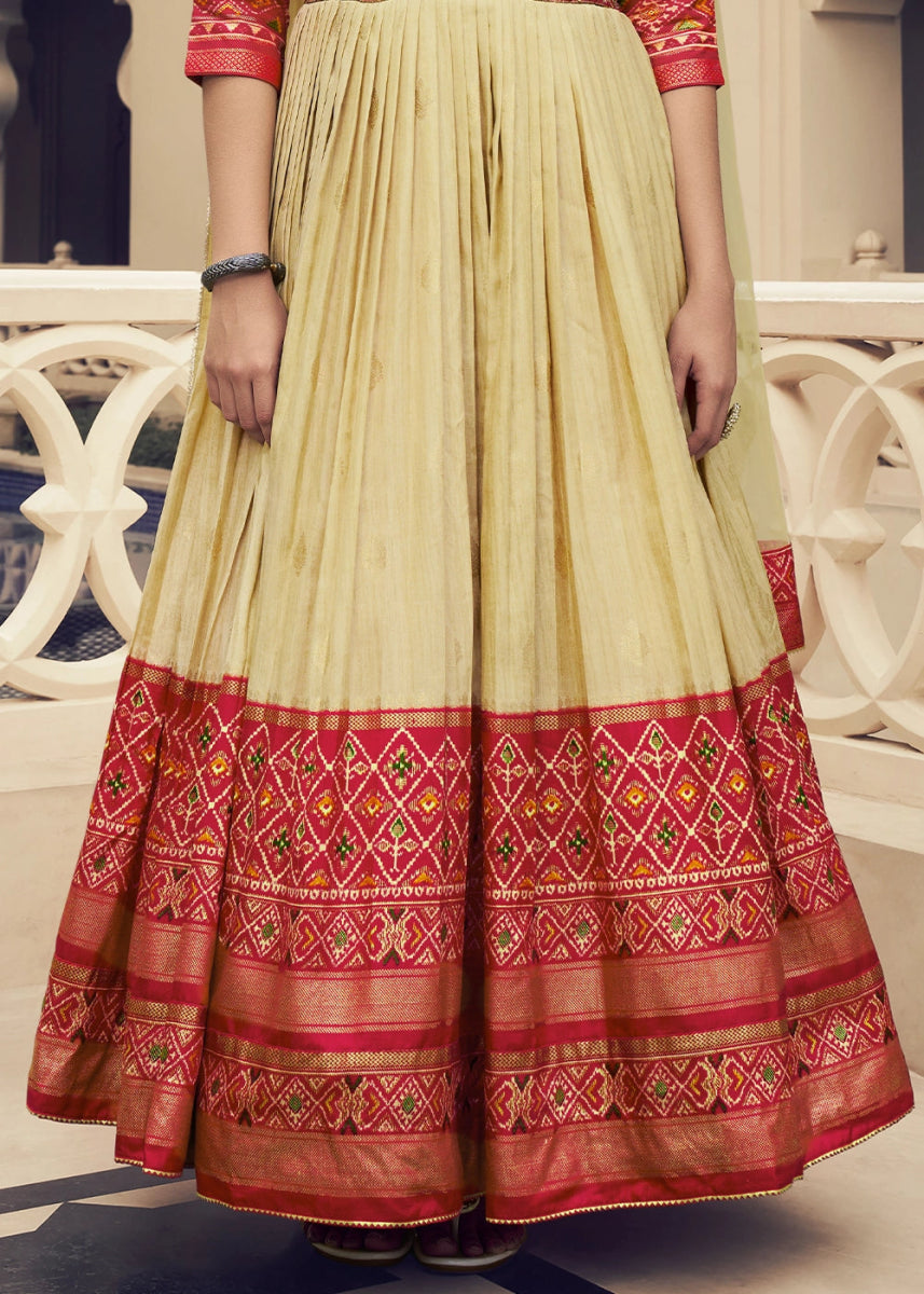 Light Brown & Red Floral Silk Anarkali Gown with Detailed Embroidery Work - House of Sarvati LLC