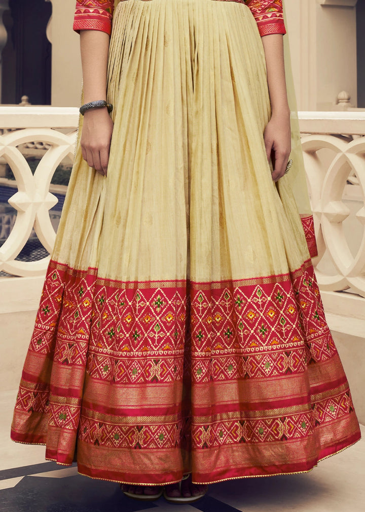 Light Brown & Red Floral Silk Anarkali Gown with Detailed Embroidery Work - House of Sarvati LLC