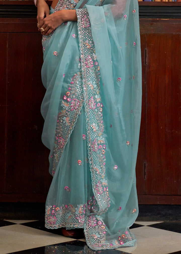 Light Capri Blue Tissue Organza Saree with Crystal Accents for a Luxe Look - House of Sarvati LLC