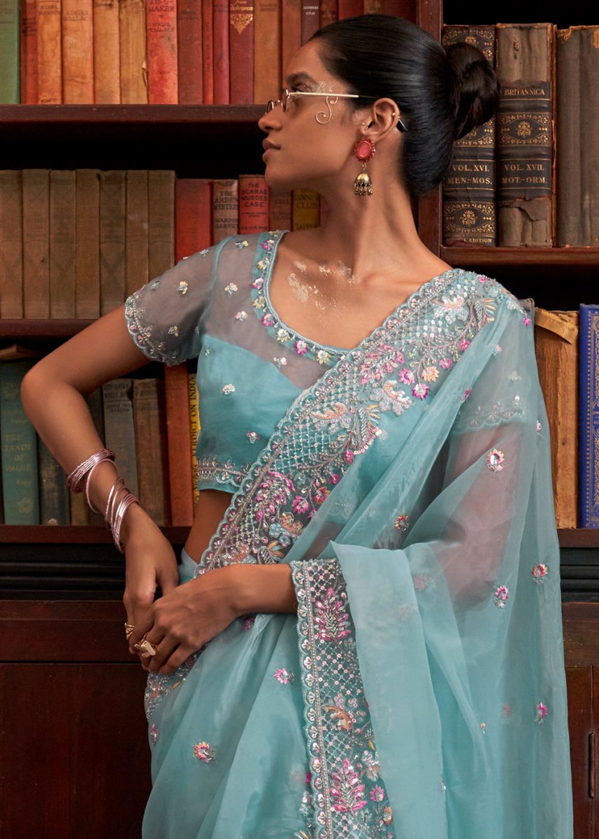 Light Capri Blue Tissue Organza Saree with Crystal Accents for a Luxe Look - House of Sarvati LLC