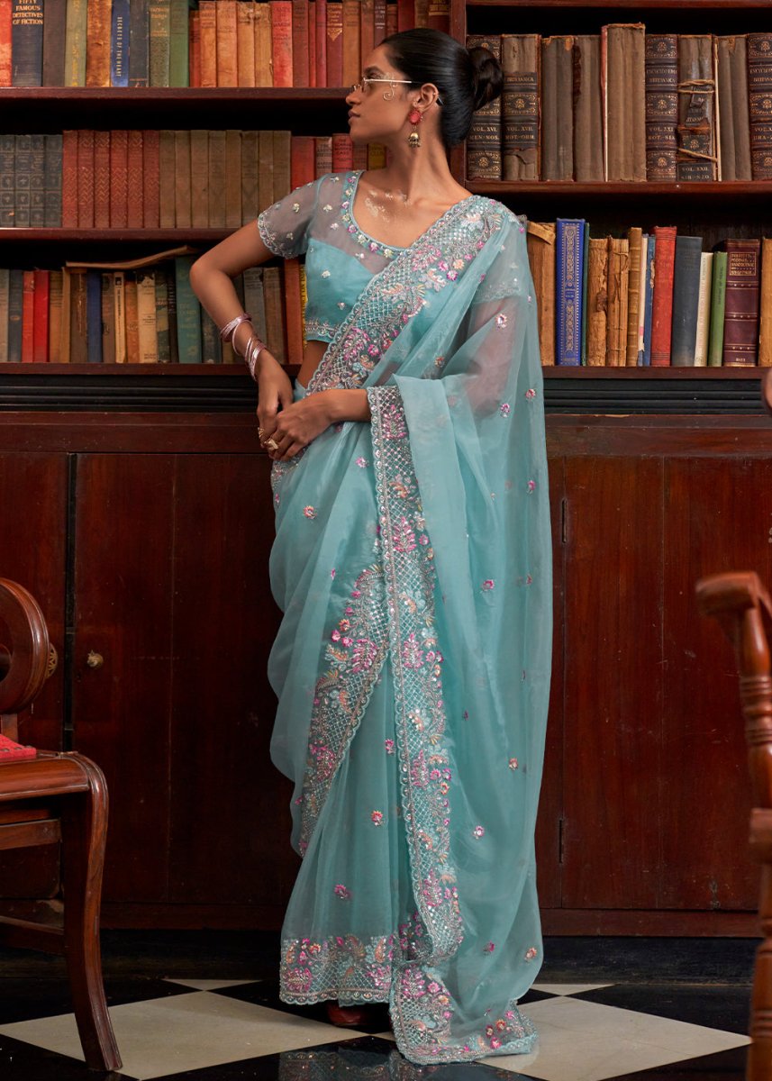 Light Capri Blue Tissue Organza Saree with Crystal Accents for a Luxe Look - House of Sarvati LLC