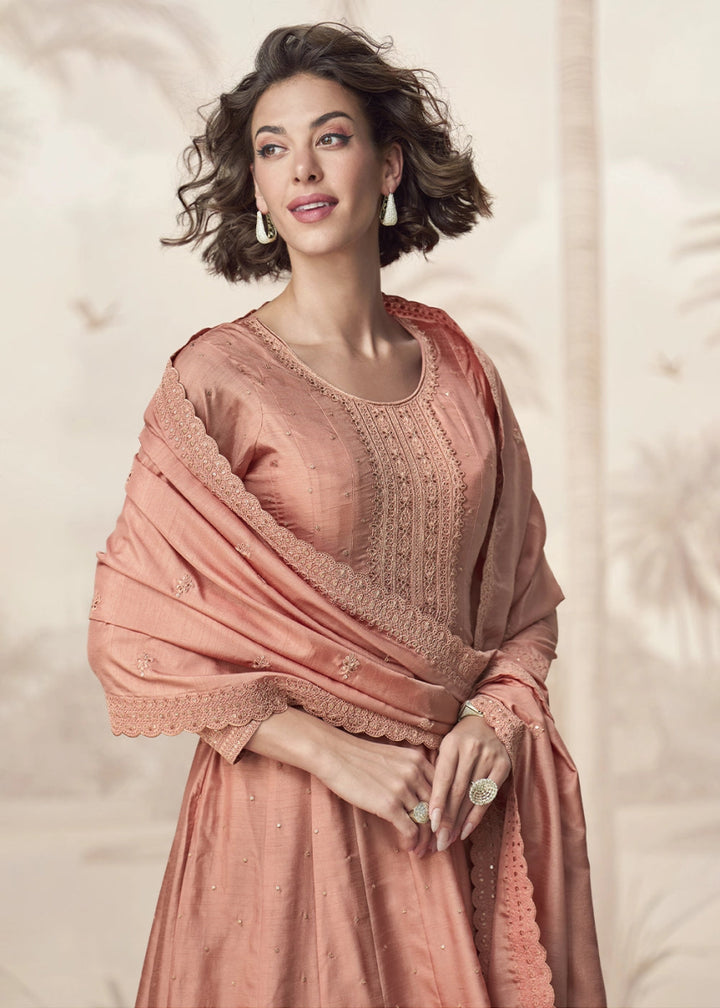 Light Caramel Brown Embroidered Silk Anarkali Gown for Festive Occasions - House of Sarvati LLC