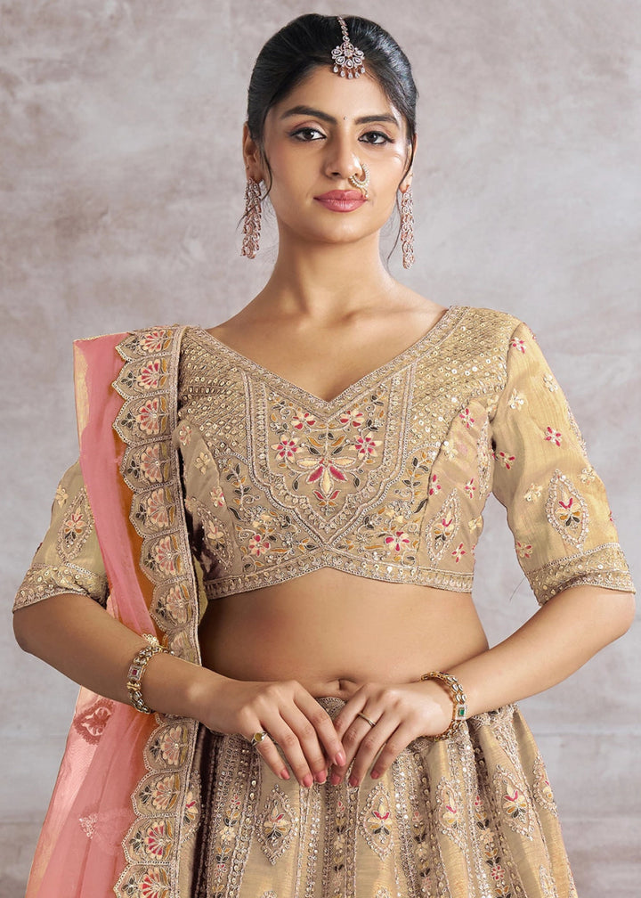 Light Chiku Brown Banarasi Silk Lehenga Choli Embellished With Sequins, Aari Work And Floral Detailing - House of Sarvati LLC