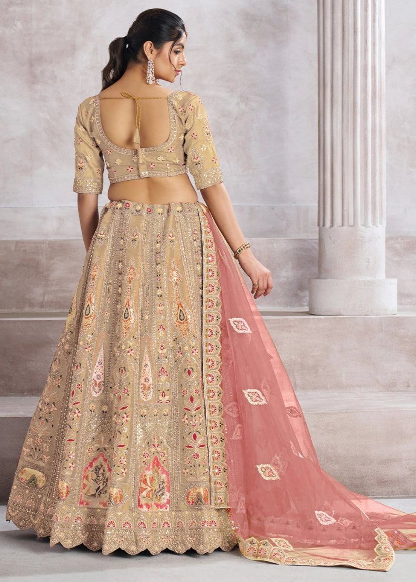 Light Chiku Brown Banarasi Silk Lehenga Choli Embellished With Sequins, Aari Work And Floral Detailing - House of Sarvati LLC