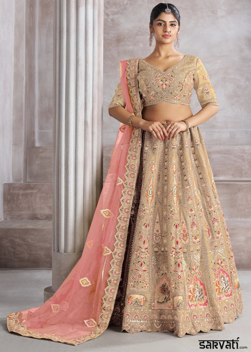 Light Chiku Brown Banarasi Silk Lehenga Choli Embellished With Sequins, Aari Work And Floral Detailing - House of Sarvati LLC