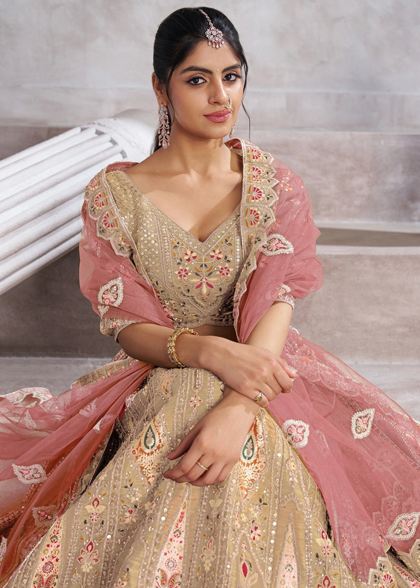 Light Chiku Brown Banarasi Silk Lehenga Choli Embellished With Sequins, Aari Work And Floral Detailing - House of Sarvati LLC