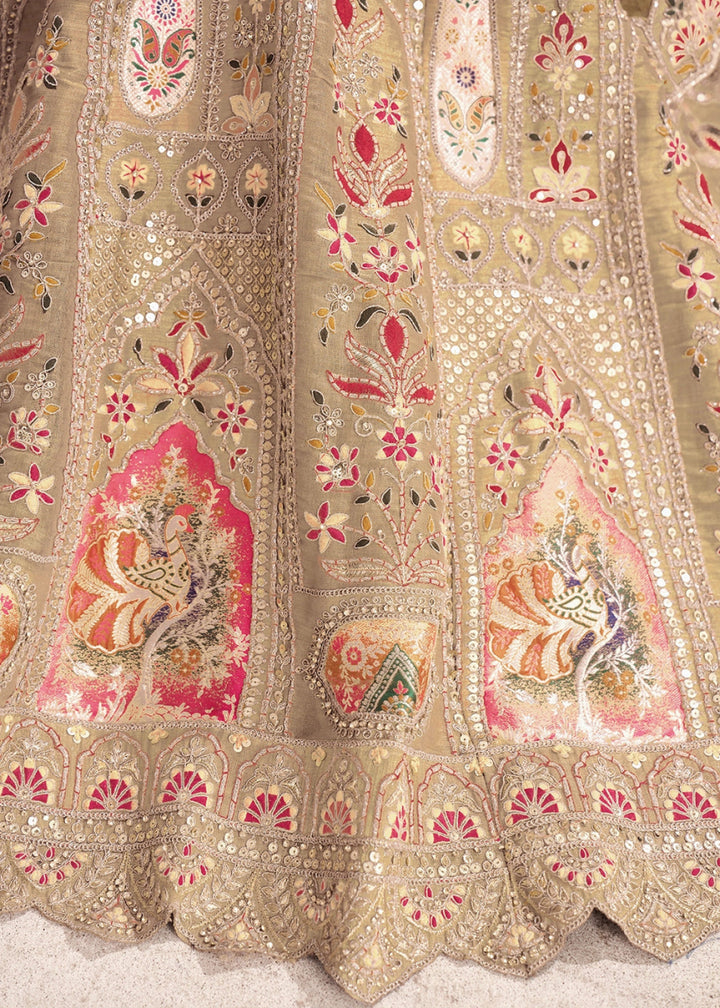 Light Chiku Brown Banarasi Silk Lehenga Choli Embellished With Sequins, Aari Work And Floral Detailing - House of Sarvati LLC