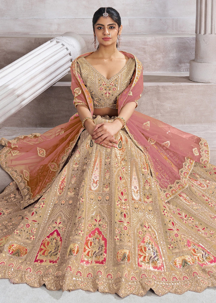 Light Chiku Brown Banarasi Silk Lehenga Choli Embellished With Sequins, Aari Work And Floral Detailing - House of Sarvati LLC