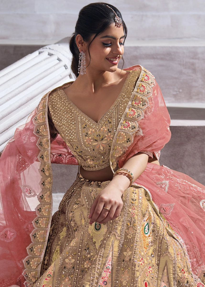 Light Chiku Brown Banarasi Silk Lehenga Choli Embellished With Sequins, Aari Work And Floral Detailing - House of Sarvati LLC