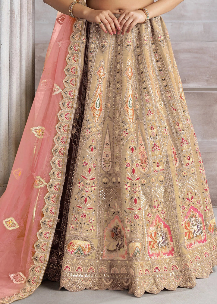 Light Chiku Brown Banarasi Silk Lehenga Choli Embellished With Sequins, Aari Work And Floral Detailing - House of Sarvati LLC