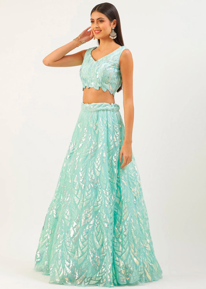 Light Cyan Blue Net Lehenga with All - Over Sequins – Glam Look for Bridesmaids - House of Sarvati LLC