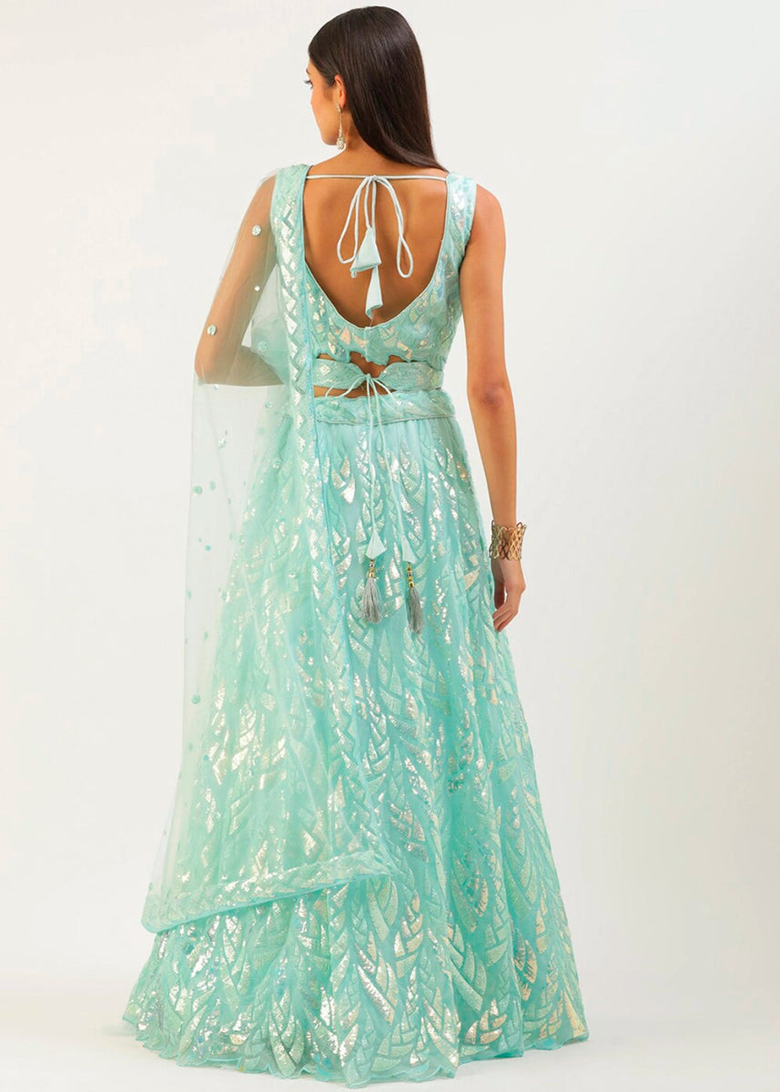 Light Cyan Blue Net Lehenga with All - Over Sequins – Glam Look for Bridesmaids - House of Sarvati LLC