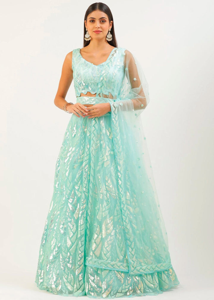 Light Cyan Blue Net Lehenga with All - Over Sequins – Glam Look for Bridesmaids - House of Sarvati LLC