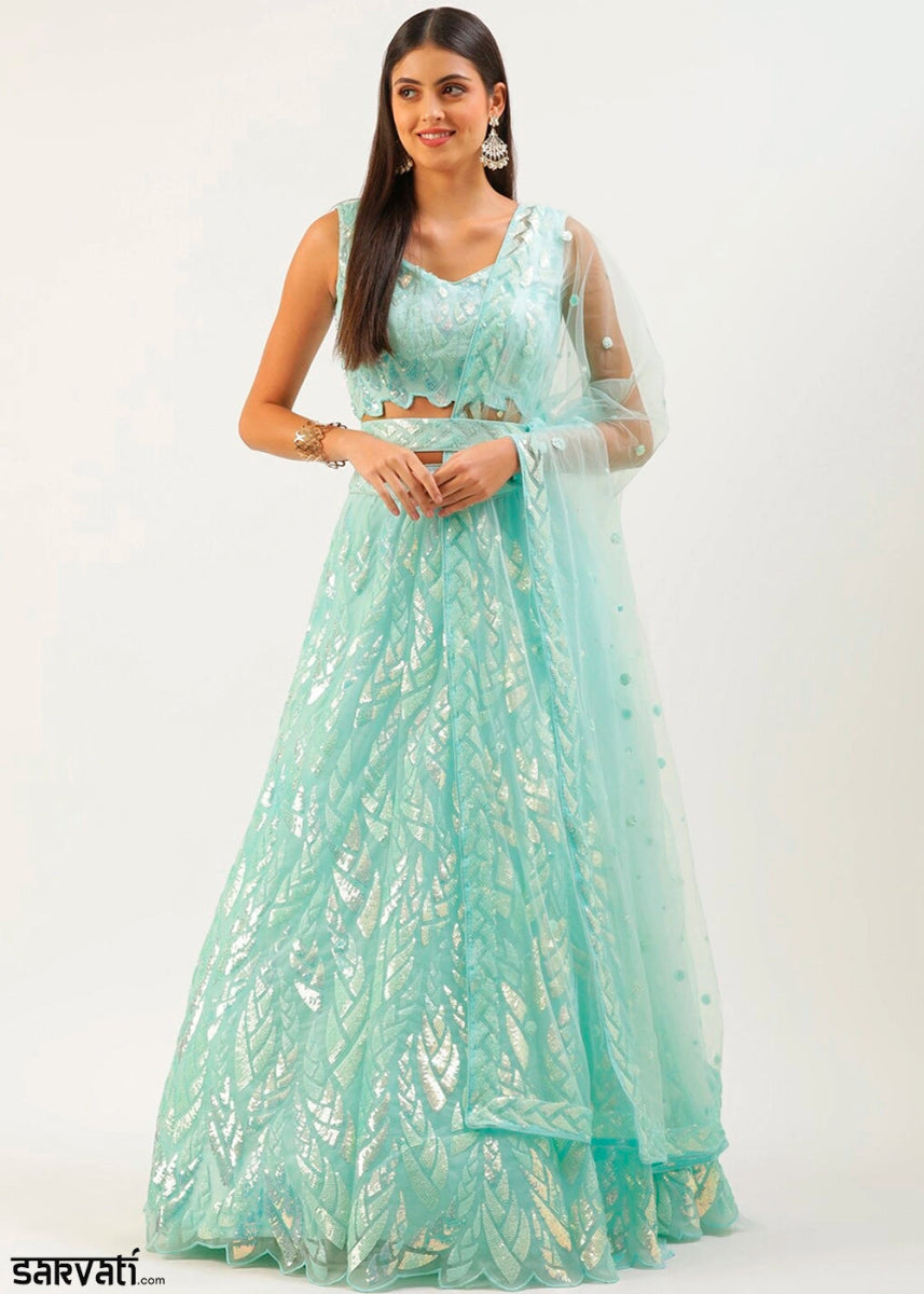 Light Cyan Blue Net Lehenga with All - Over Sequins – Glam Look for Bridesmaids - House of Sarvati LLC