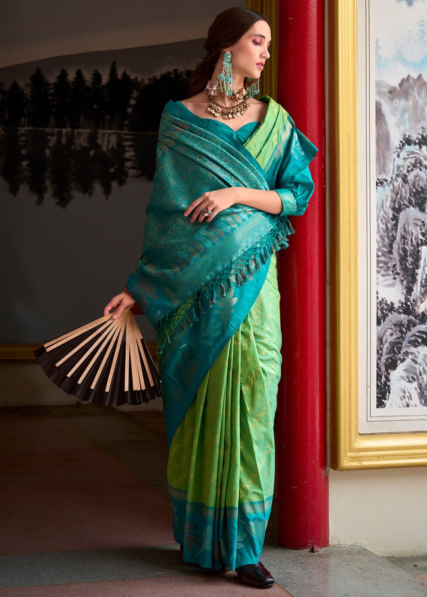 Light Green Banarasi Silk Saree with Contrasting Pallu and Woven Zari - House of Sarvati LLC