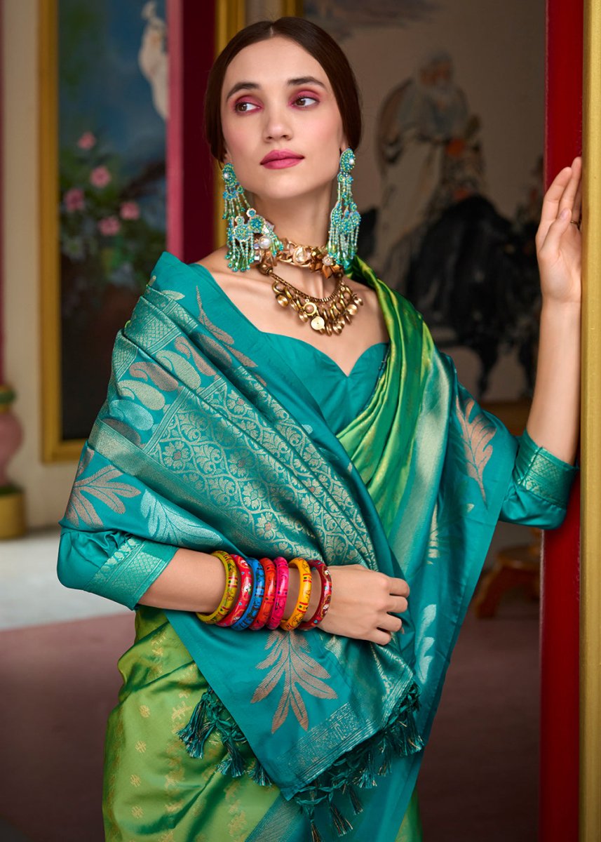 Light Green Banarasi Silk Saree with Contrasting Pallu and Woven Zari - House of Sarvati LLC