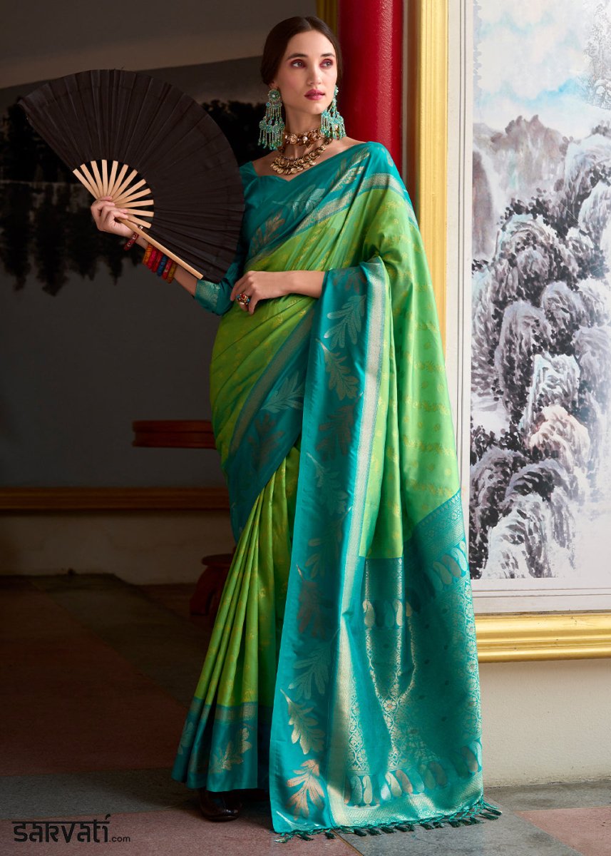 Light Green Banarasi Silk Saree with Contrasting Pallu and Woven Zari - House of Sarvati LLC