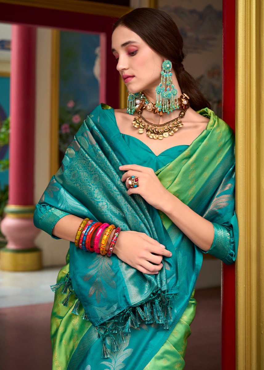 Light Green Banarasi Silk Saree with Contrasting Pallu and Woven Zari - House of Sarvati LLC