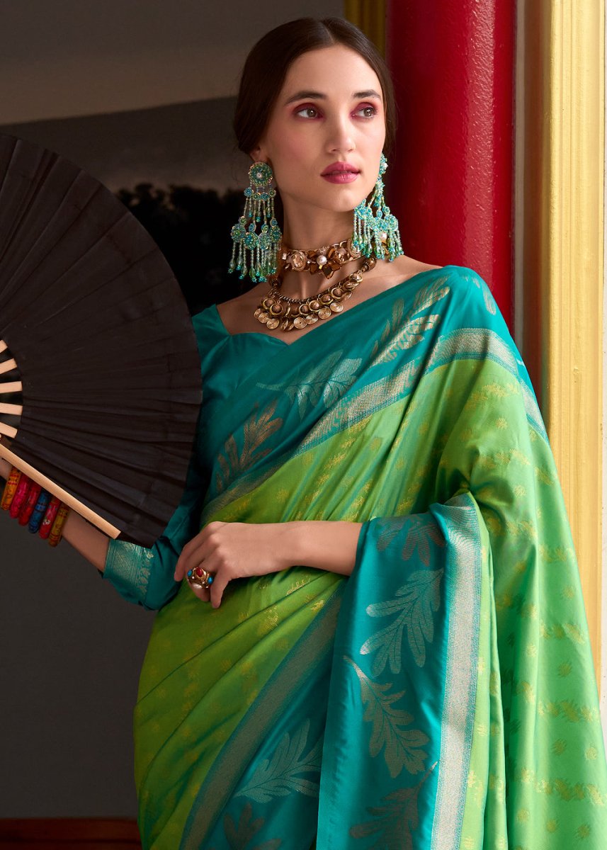 Light Green Banarasi Silk Saree with Contrasting Pallu and Woven Zari - House of Sarvati LLC