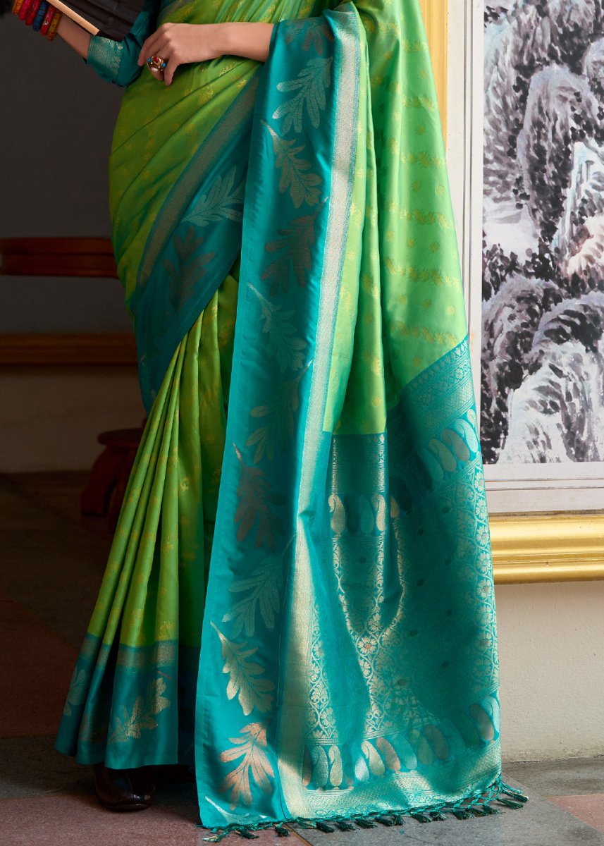 Light Green Banarasi Silk Saree with Contrasting Pallu and Woven Zari - House of Sarvati LLC