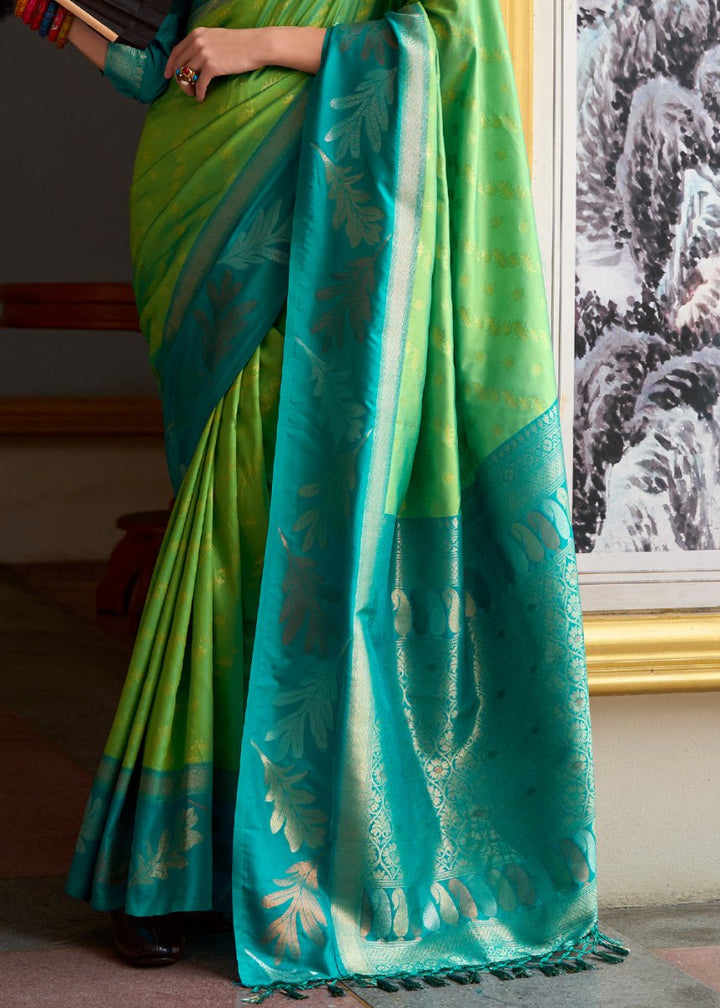 Light Green Banarasi Silk Saree with Contrasting Pallu and Woven Zari - House of Sarvati LLC