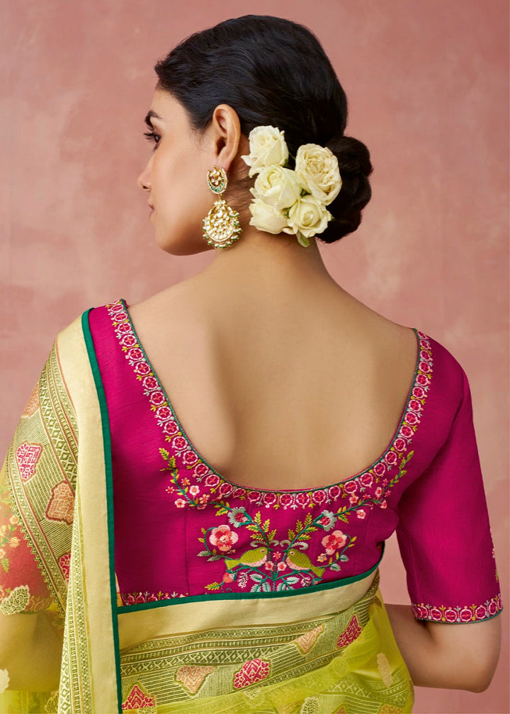 Light Green Brasso Organza Saree with Designer Embroidered Blouse - House of Sarvati LLC