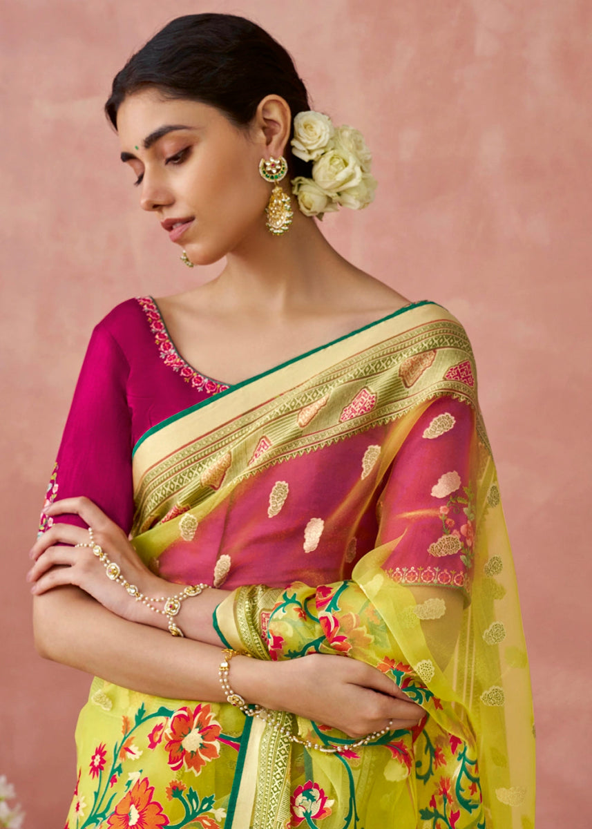 Light Green Brasso Organza Saree with Designer Embroidered Blouse - House of Sarvati LLC