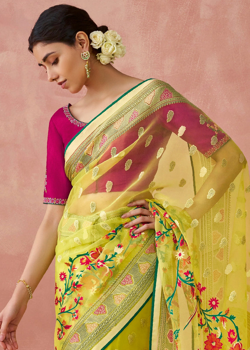 Light Green Brasso Organza Saree with Designer Embroidered Blouse - House of Sarvati LLC