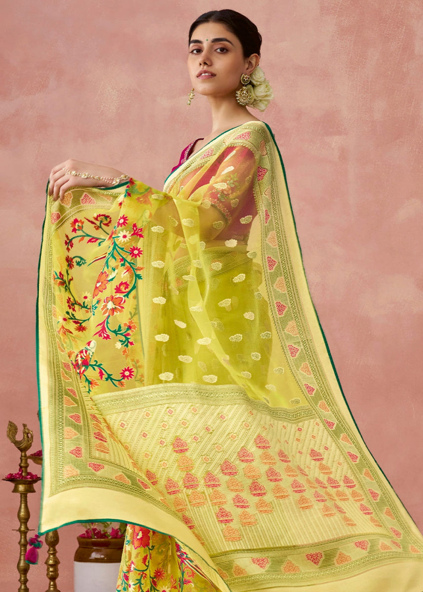 Light Green Brasso Organza Saree with Designer Embroidered Blouse - House of Sarvati LLC