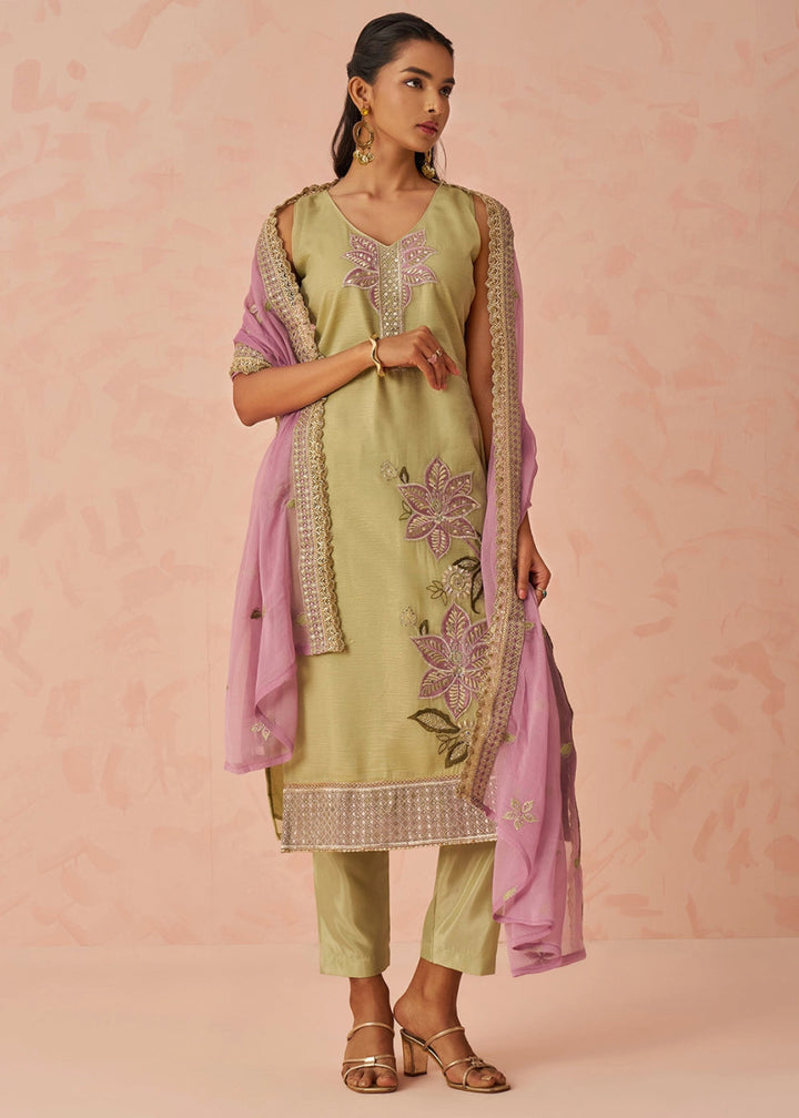 Light Green Crush Organza Salwar Suit with Floral Embroidery work - House of Sarvati LLC
