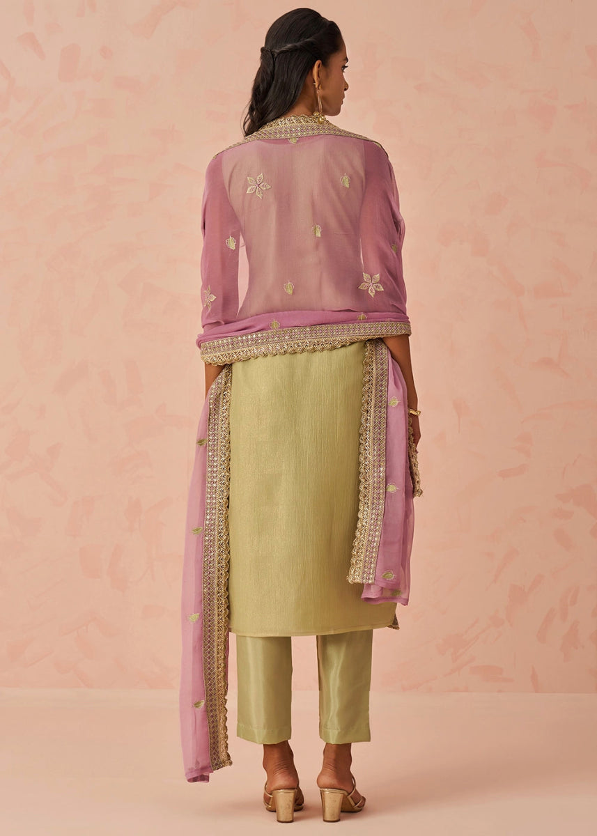 Light Green Crush Organza Salwar Suit with Floral Embroidery work - House of Sarvati LLC