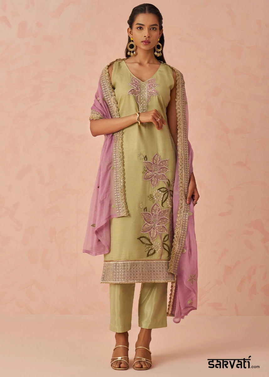 Light Green Crush Organza Salwar Suit with Floral Embroidery work - House of Sarvati LLC