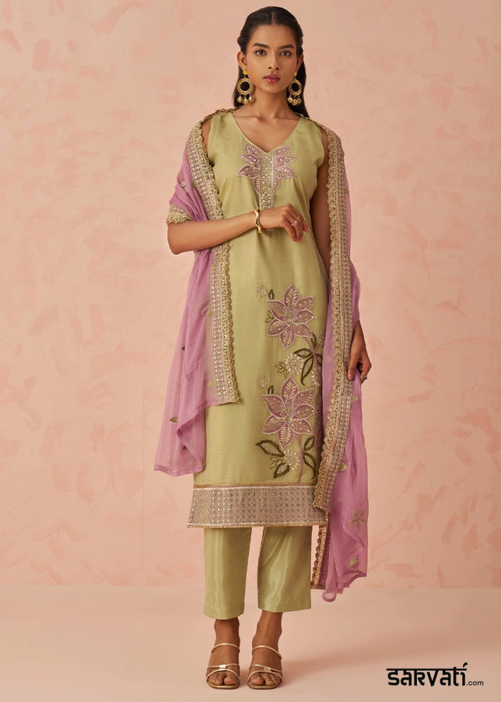 Light Green Crush Organza Salwar Suit with Floral Embroidery work - House of Sarvati LLC