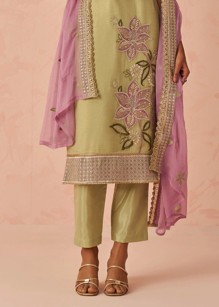 Light Green Crush Organza Salwar Suit with Floral Embroidery work - House of Sarvati LLC