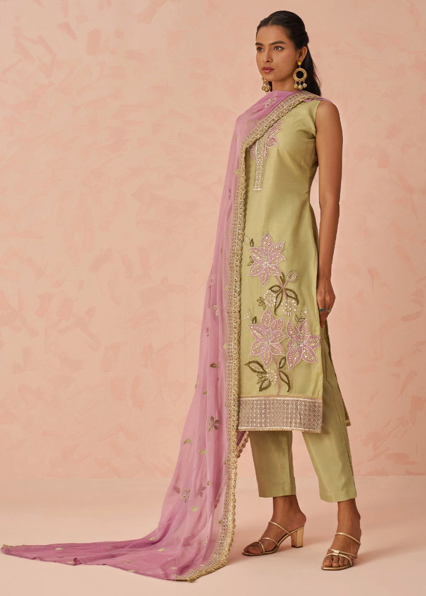 Light Green Crush Organza Salwar Suit with Floral Embroidery work - House of Sarvati LLC