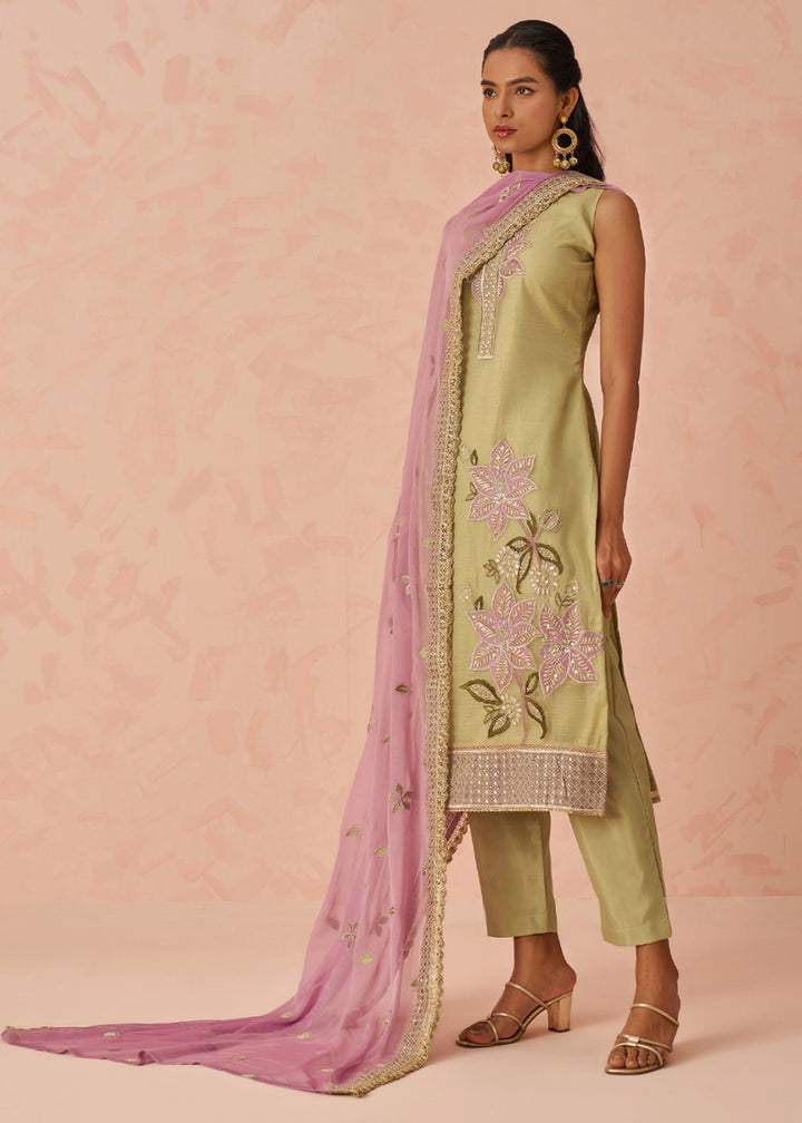 Light Green Crush Organza Salwar Suit with Floral Embroidery work - House of Sarvati LLC