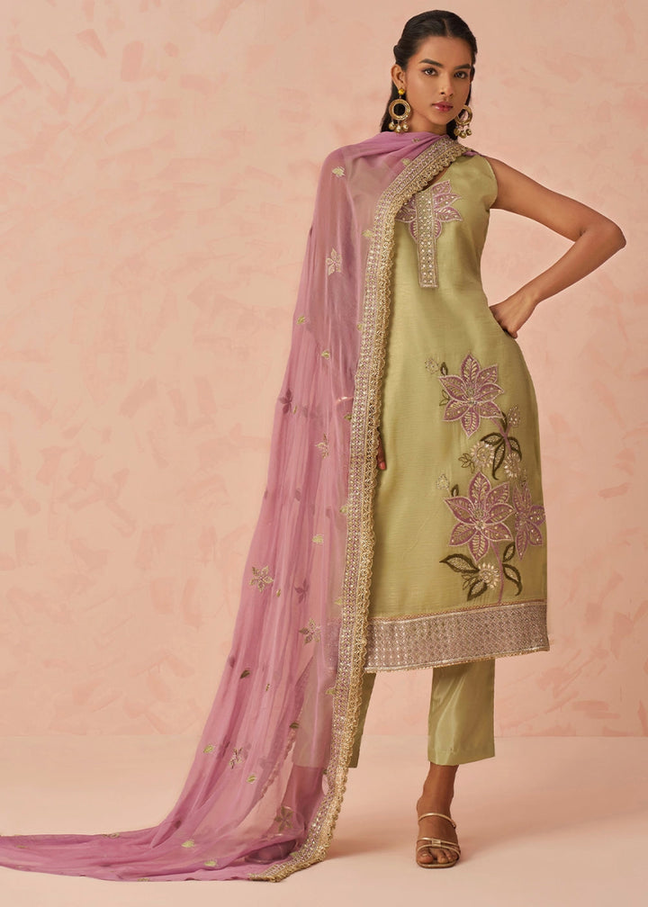 Light Green Crush Organza Salwar Suit with Floral Embroidery work - House of Sarvati LLC