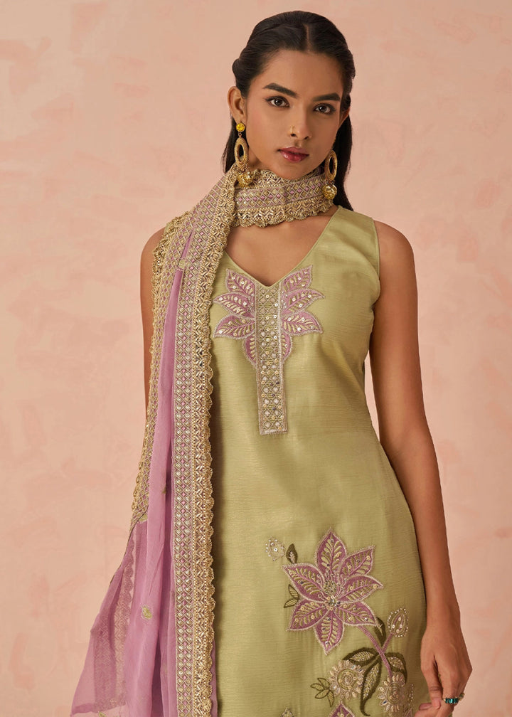 Light Green Crush Organza Salwar Suit with Floral Embroidery work - House of Sarvati LLC