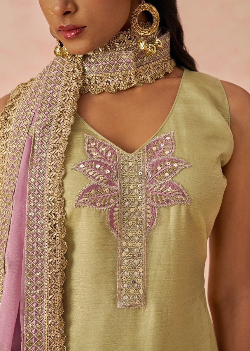 Light Green Crush Organza Salwar Suit with Floral Embroidery work - House of Sarvati LLC