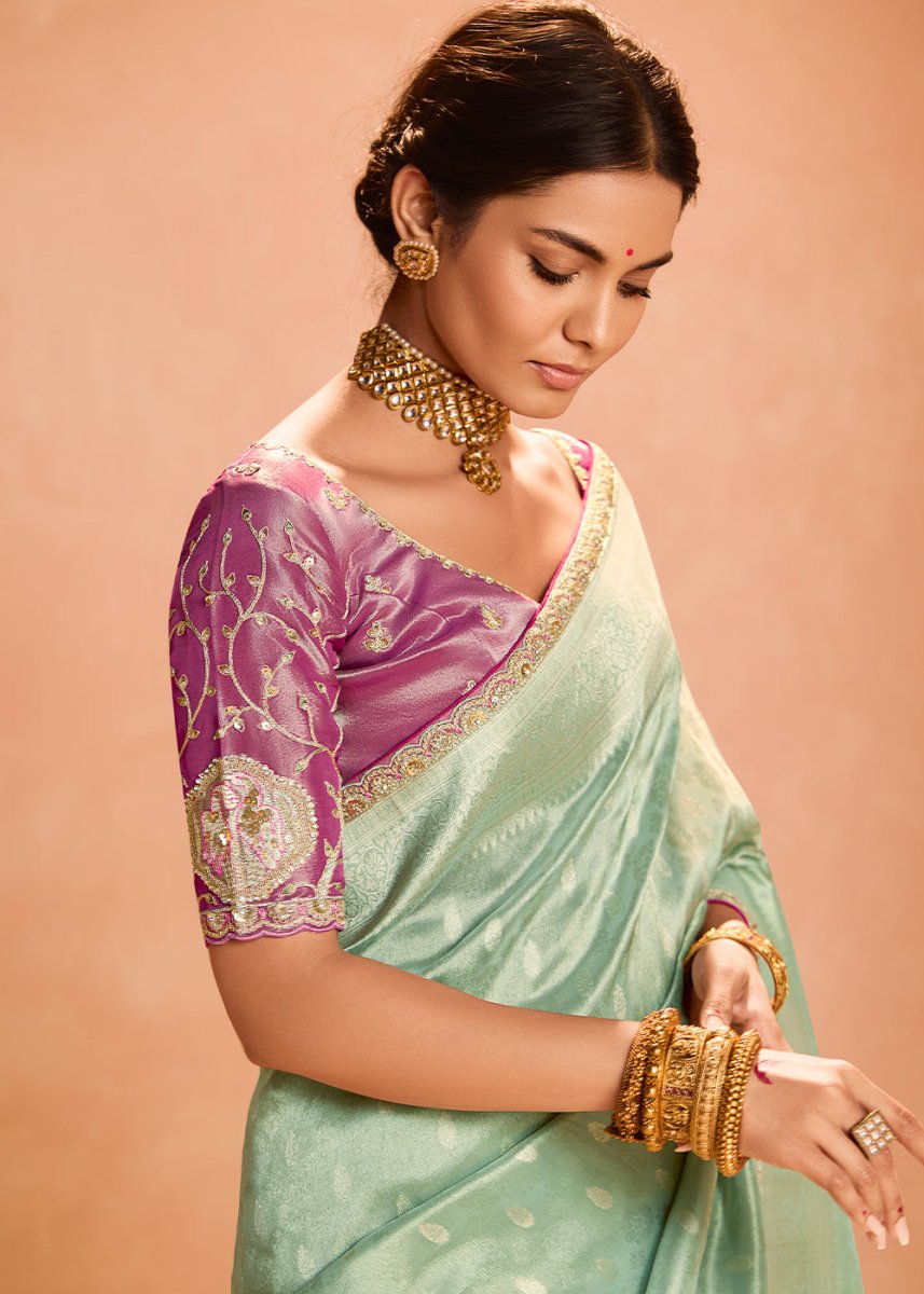 Light Green Designer Tissue Silk Saree with Zari & Embroidered Blouse - House of Sarvati LLC