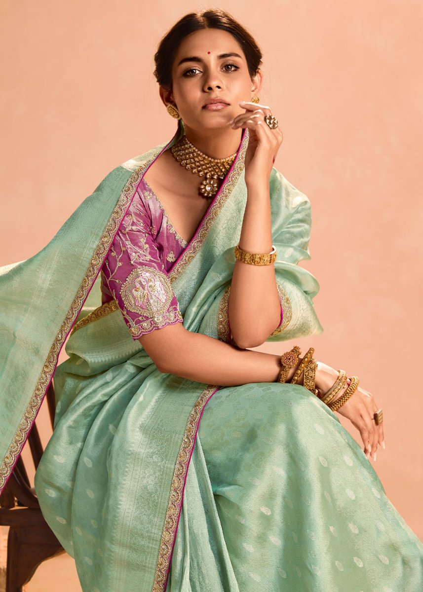 Light Green Designer Tissue Silk Saree with Zari & Embroidered Blouse - House of Sarvati LLC