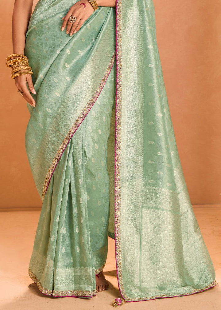 Light Green Designer Tissue Silk Saree with Zari & Embroidered Blouse - House of Sarvati LLC