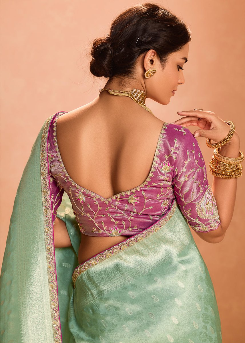 Light Green Designer Tissue Silk Saree with Zari & Embroidered Blouse - House of Sarvati LLC